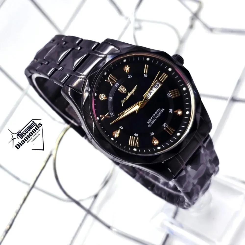 Men's Black Face & Band with Gold Hands Poedagar Quartz Watch Stainless Steel